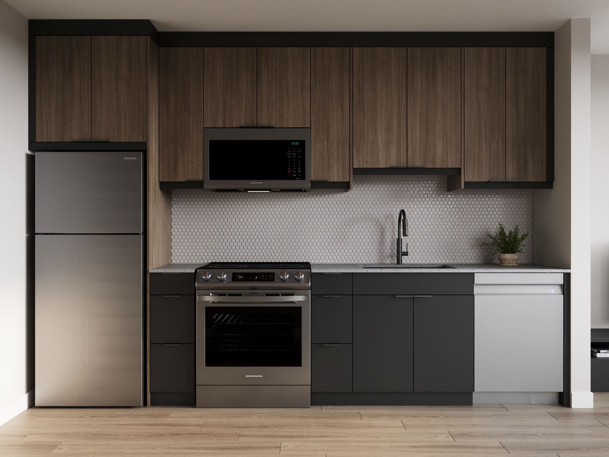 Modern kitchen, with kitchen island and 3 barstools. Dark wood finishes and black cabinets. Located at The Cornerstone.