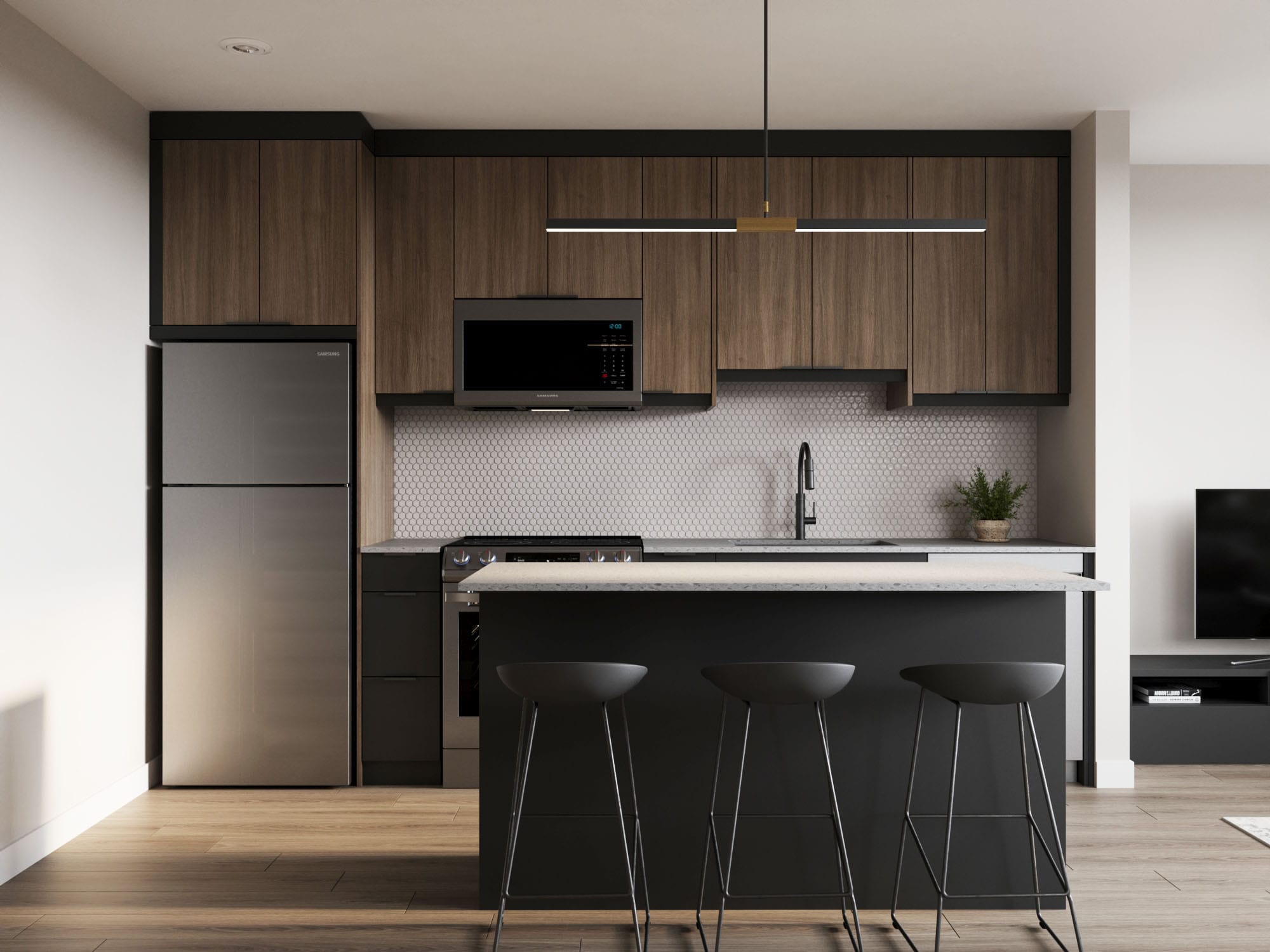 Modern kitchen, with kitchen island and 3 barstools. Dark wood finishes and black cabinets. Located at The Cornerstone.