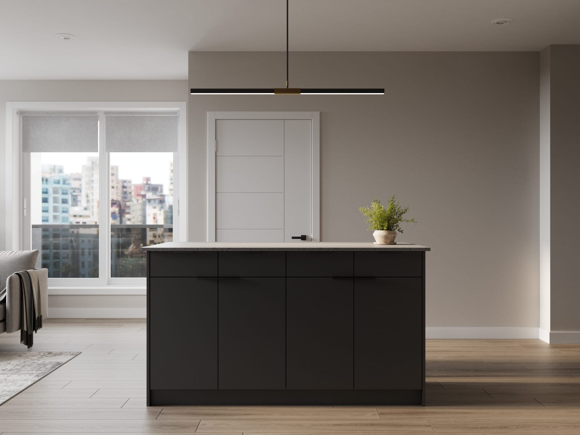 Black kitchen island.