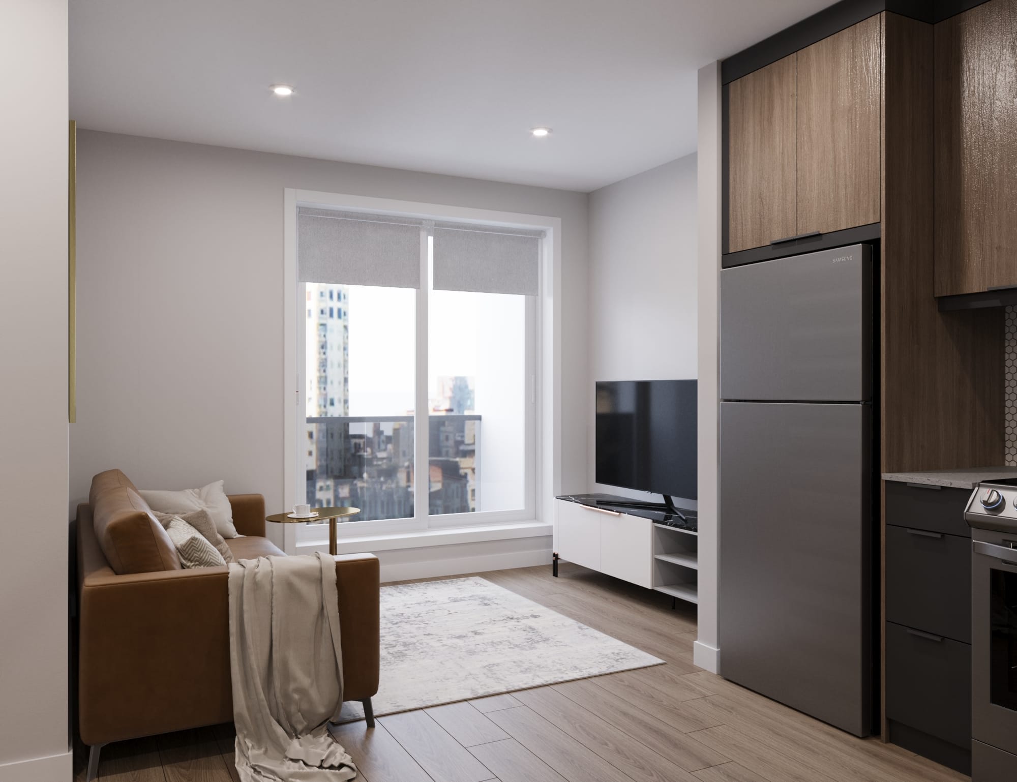 Modern, spacious living room at The Cornerstone