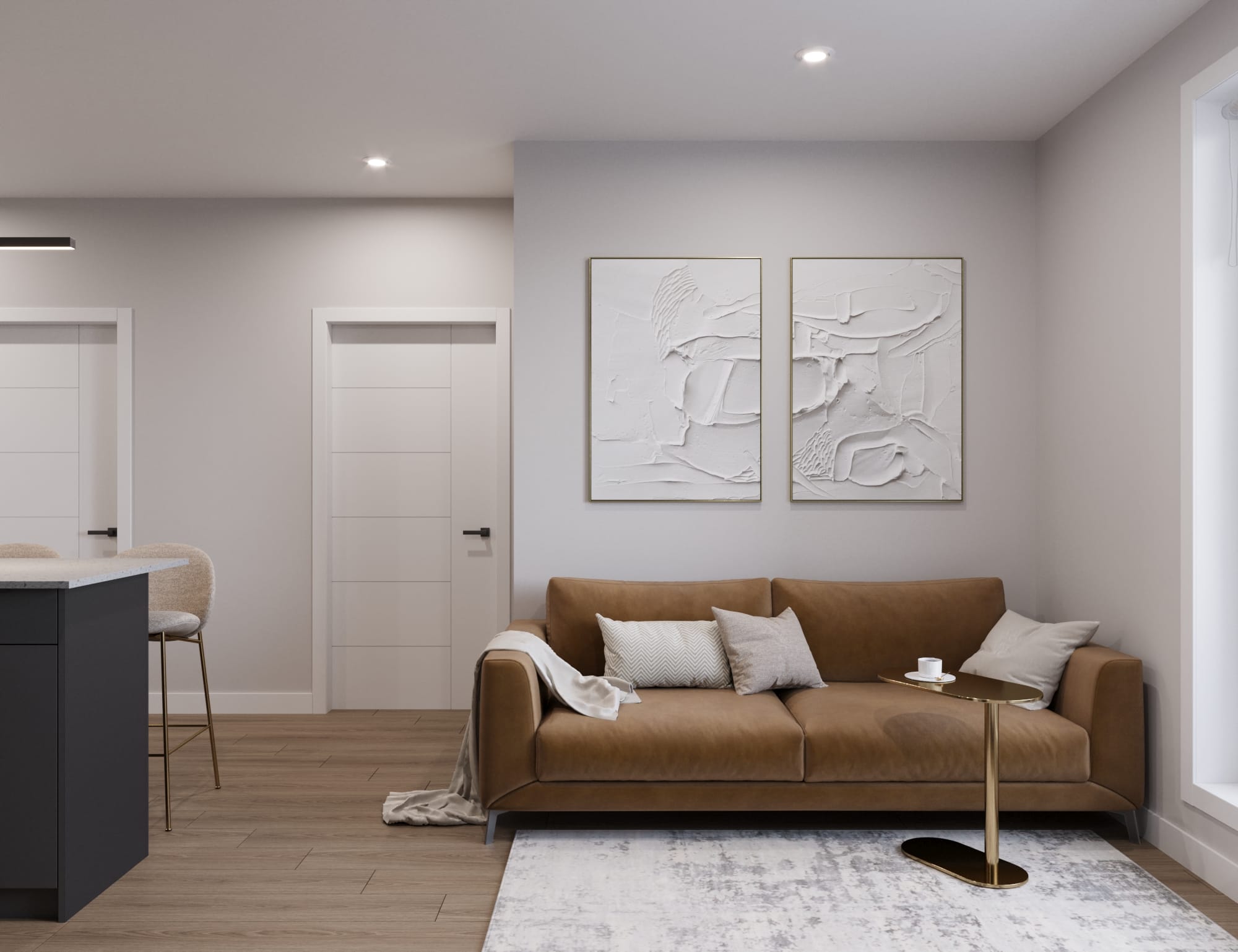 Modern, spacious living room at The Cornerstone