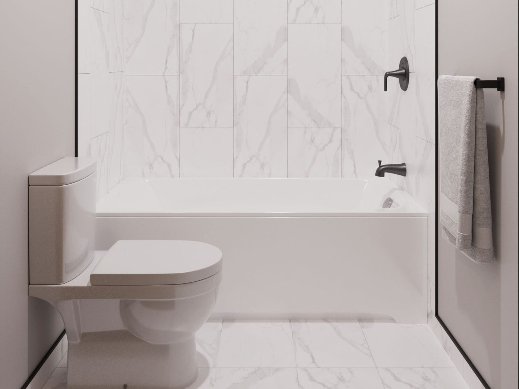Modern bedroom with white tiles and backsplash. Located at The Cornerstone.