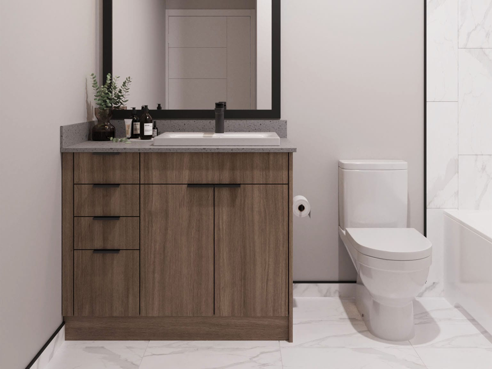 Modern bathroom with white floor tiles and brown bathroom sink