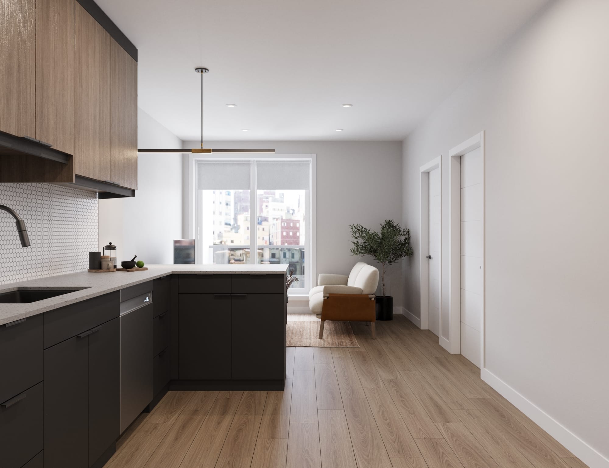 Spacious kitchen and living room. Located at The Cornerstone.