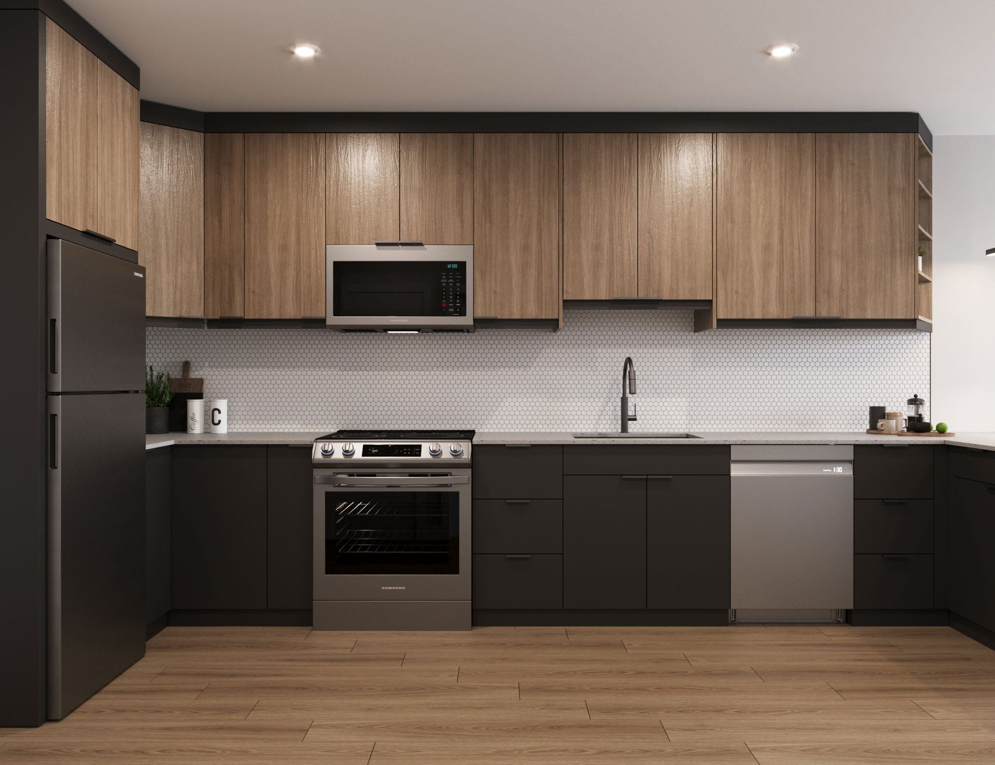 Modern kitchen with black and dark brown cabinets, stainless steel appliances. Located at The Cornerstone