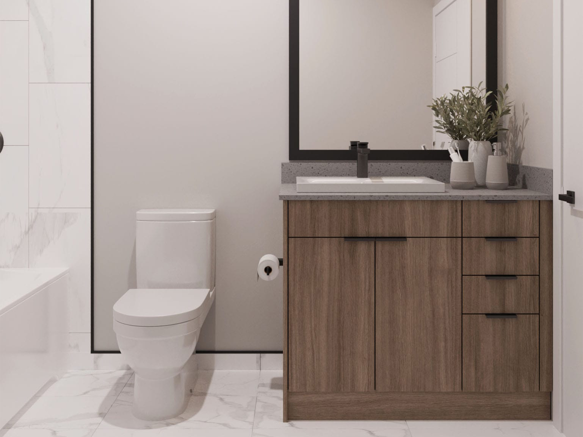 Modern bathroom with white floor tiles and brown bathroom sink